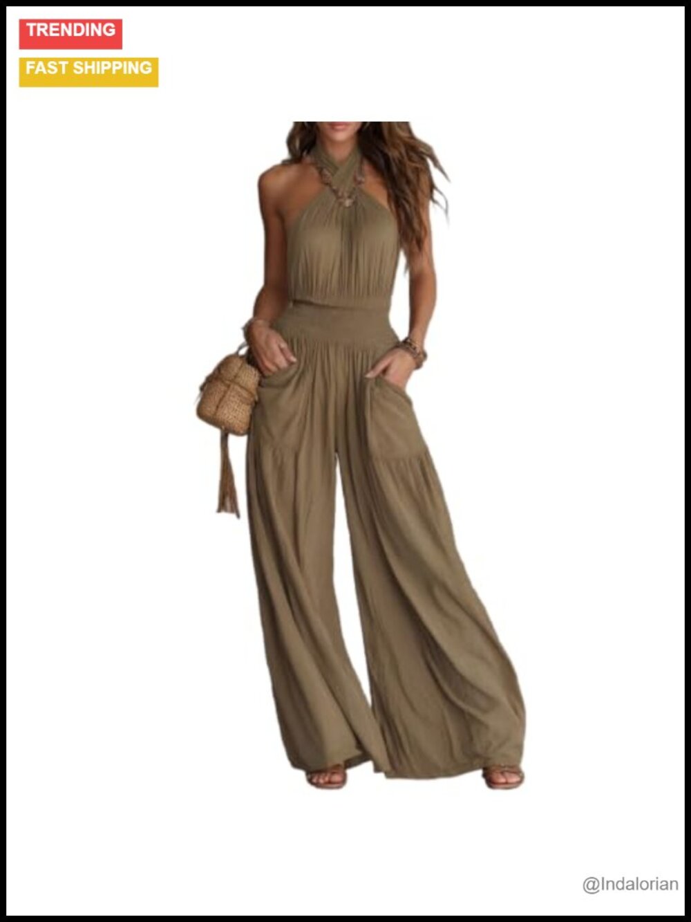 Sexy Backless Halter Jumpsuit Wide Leg One Piece Pockets